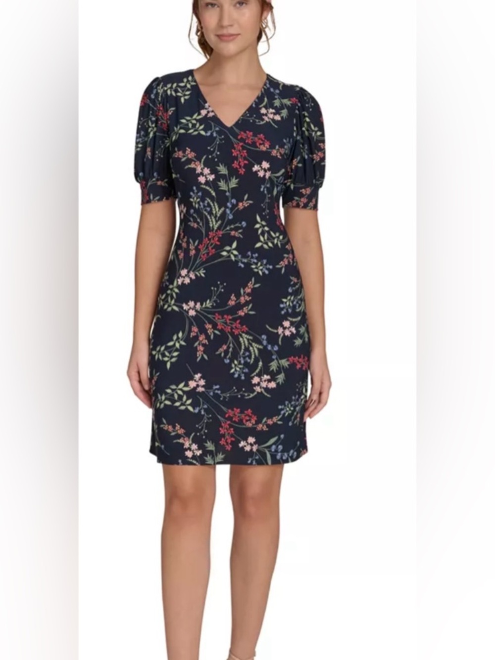 Tommy Hilfiger Navy Floral V-Neck Puff Sleeve Mini Dress - Multicolor Print